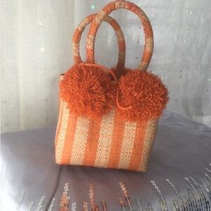Straw Mini Bag with Pom Pom accent-orange/tan
